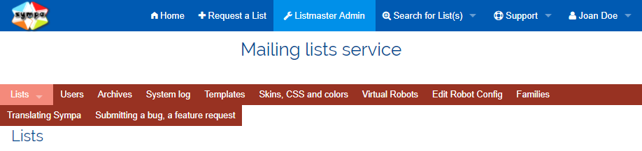 Menu of listmaster portal